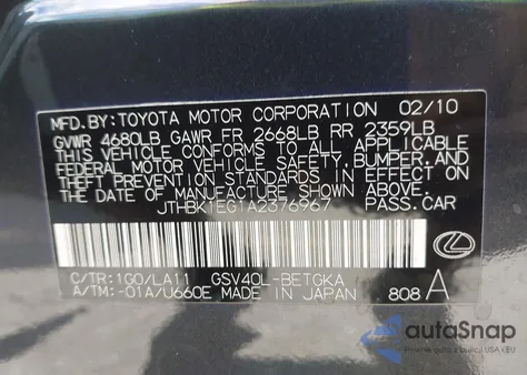 2010 Lexus Es 350 from USA, damaged, VIN JTHBK1EG1A2376967